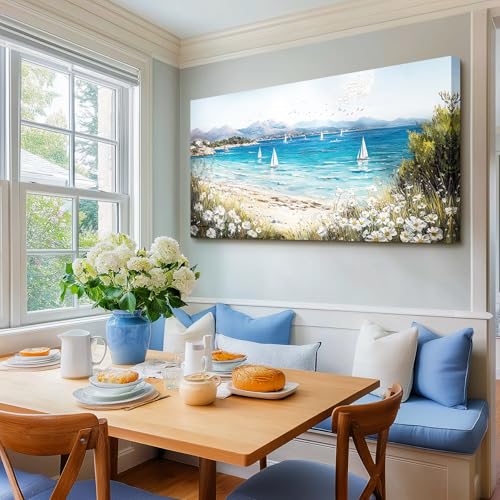 SERIMINO Beach Landscape Wall Art, Seaside Scenery Extra Large Canvas Wall Pictures, Wildflower Nature Decor Painting, Bright House Decorations Living Room Bedroom Rustic Wall Decor Art Prints 30"X60"