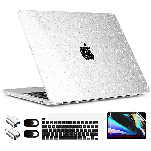 TWOLSKOO for MacBook Pro 13 inch Case 2023-2016 A2338 M2 M1 A2251 A2289 A2159 A1989 A1708 A1706, Glitter Sparkly Plastic Hard Shell with Keyboard Cover & Type C Adapter 2 Pack & Camera Cover, Clear