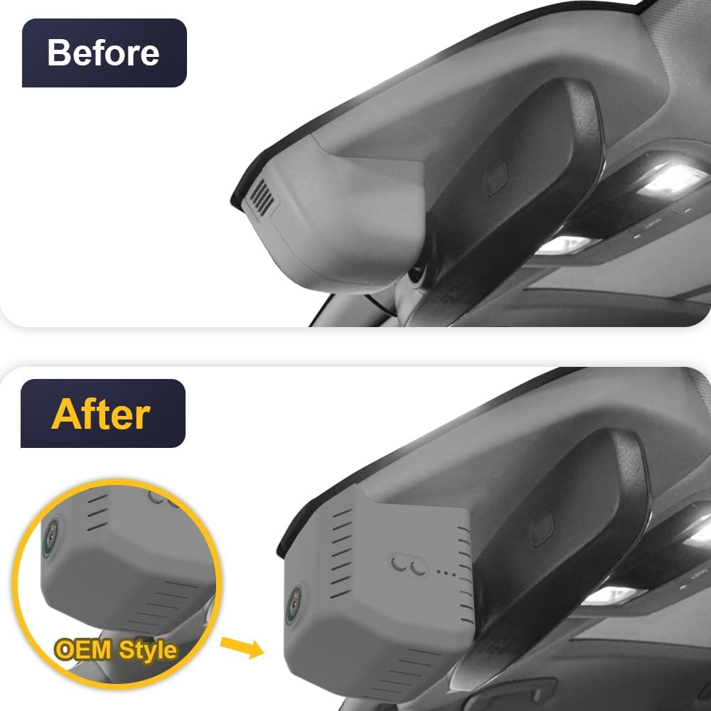 Before and After installation of Fitcamx Dash Cam, showing seamless integration.