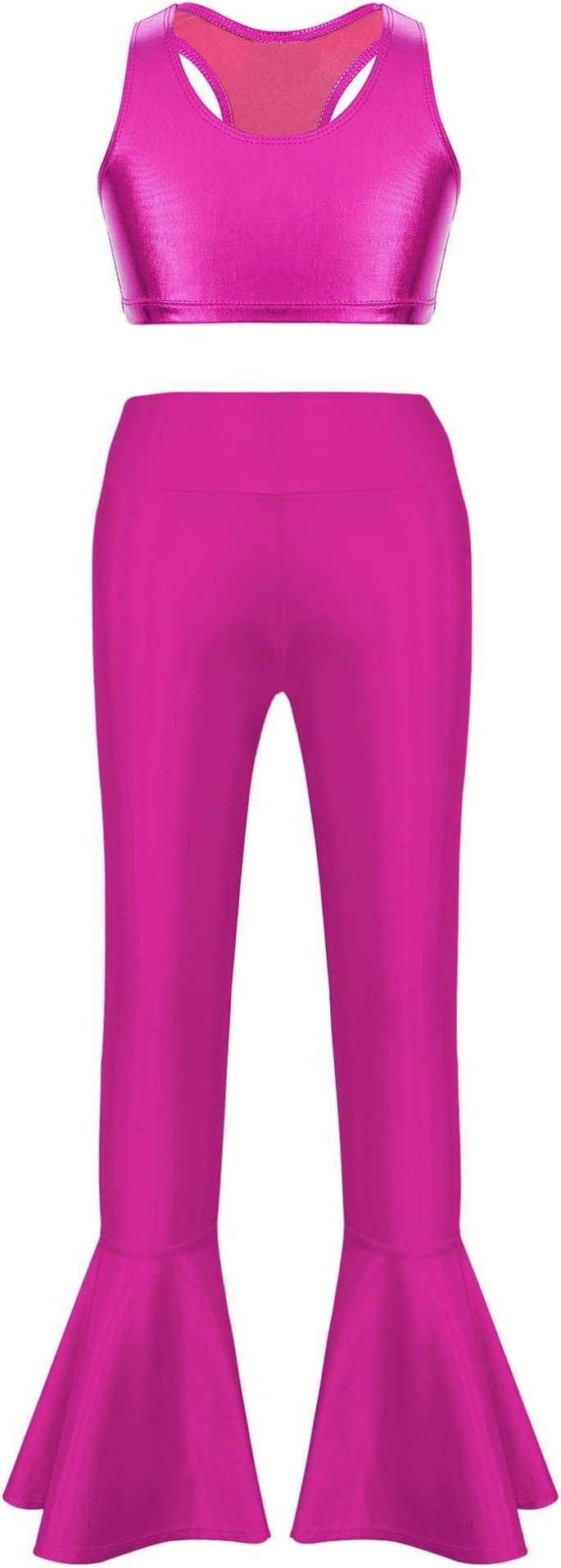 Kids Girls Shiny Metallic Athletic Crop Top with Bell Bottoms Pants Jazz Hip Hop Dance Gymnastic Dancewear