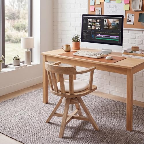 Image of Zesthouse Solid Wood Home Office Desk Chair with Arms, Vintage Office Chair with Adjustable Height & Slatted Back, Heavy Duty Swivel Desk Chair No Wheels, Antique Brown Finish+White Linen Cushion