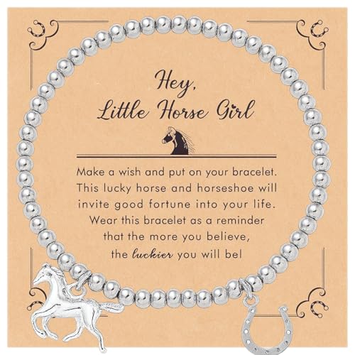 ZoeyShine Silver Horse & Horseshoe Charm Beaded Bracelet for Girls – Cute Pony Jewellery Gift for Kids, Teen Girls & Women – Silver Tone Bead Bracelet for Birthday, Christmas & Horse Lovers