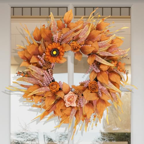 Fall Wreaths for Front Door 26 Inch, Front Door Wreath with Sunflowers Roses and Realistic Full Leaves, Outdoor Wreaths for Front Door Porch Farmhouse Home Harvest Thanksgiving Decor