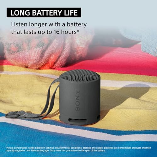 Image of Sony SRS-XB100 Wireless Bluetooth Portable Lightweight Super-Compact Travel Speaker, Extra-Durable IP67 Waterproof & Dustproof, 16 Hrs Batt, Versatile Strap, Extra Bass & Hands-Free Calling-Black