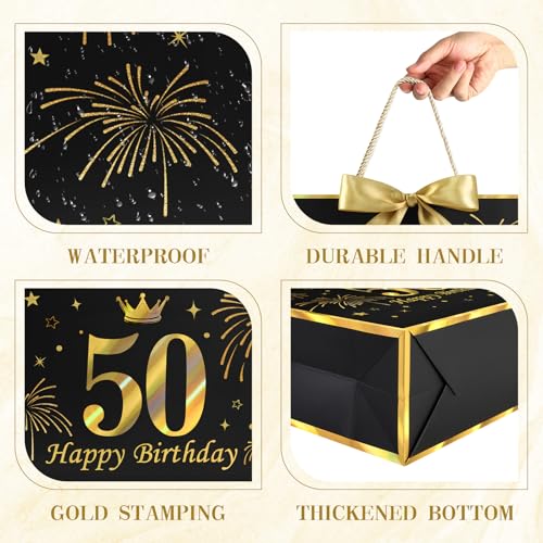 Image of JMANNI Black Gold 50th Birthday Gift Bag with Card and Tissue Paper, 12.6 inchx9.84 inchx3.9 inch Elegant Present Bag for Men Women, 50 Year Old Birthday Keepsake Party Supplies