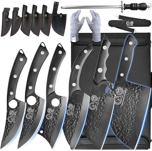 XYJ Authentic Since 1986,Camping Knives Set Chinese Butcher Vegetable Chef Knives Slice Boning Knives With Leather Sleeves&Roll Bag&Kitchen Tools for Special Day (Black)