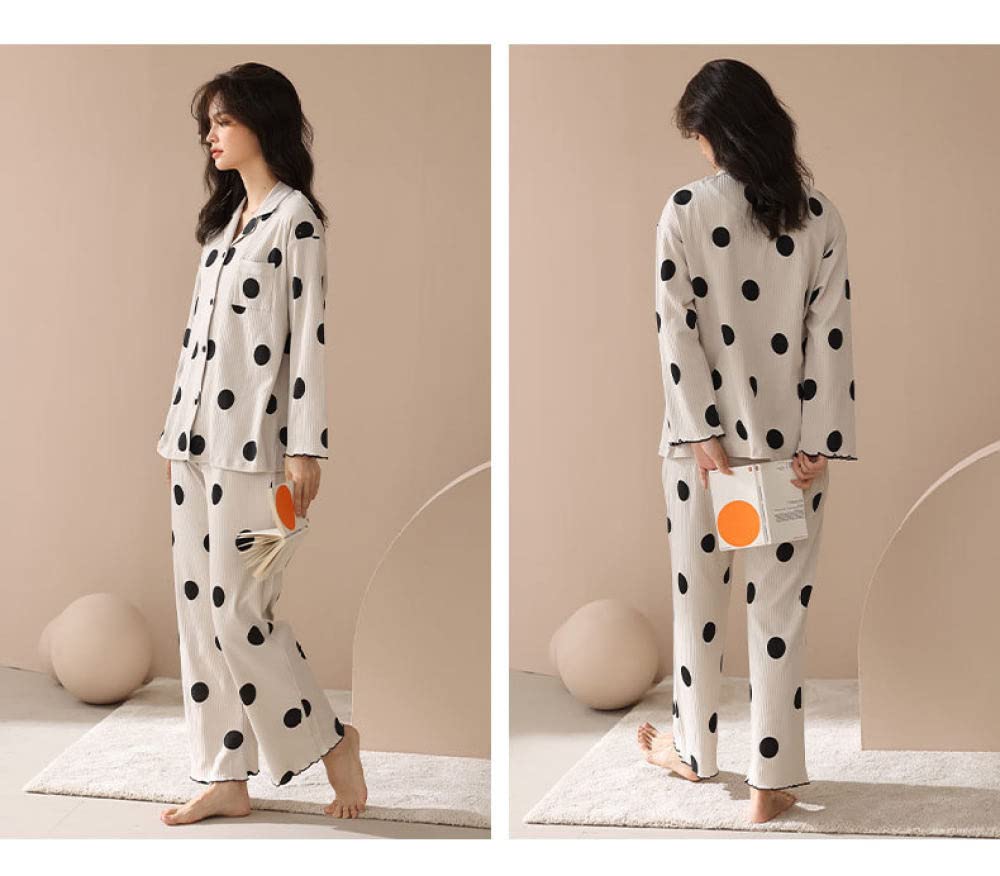 Pijamas Mujer Invierno,Conjuntos De Pijama para Mujer Vintage Beige Estampado De Lunares De Solapa De Algodón Blanco con Bolsillo Clásico Acogedor Cálido Pjs De Manga Larga Top & Amp; Conjunto De