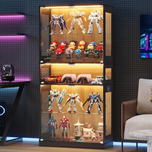 ZKIODV Glasvitrine mit LED Beleuchtung, 5-Lagen Vitrinenschrank Glas Stehend, Holz Vitrine mit Intelligente Sensorik, Sammlervitrine Staubdicht für Wohnzimmer Schlafzimmer Büro - 165x80 cm (Schwarz)