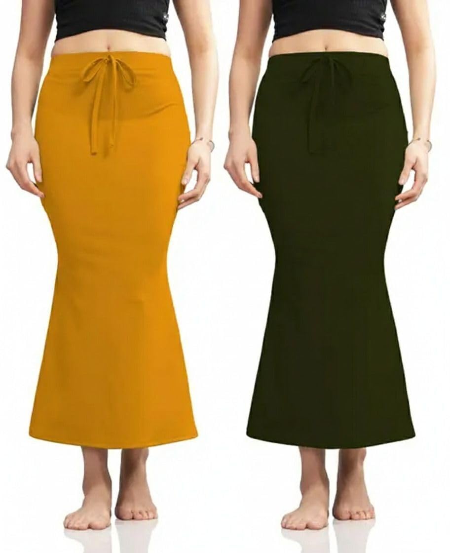 mm kart Women’s FeatherDrape High-Waist Saree Shapewear Petticoat | Mermaid-Fit Stretchable Ethnic Base Skirt with Drawstring (Mustard Yellow & Olive Green)-picture-44