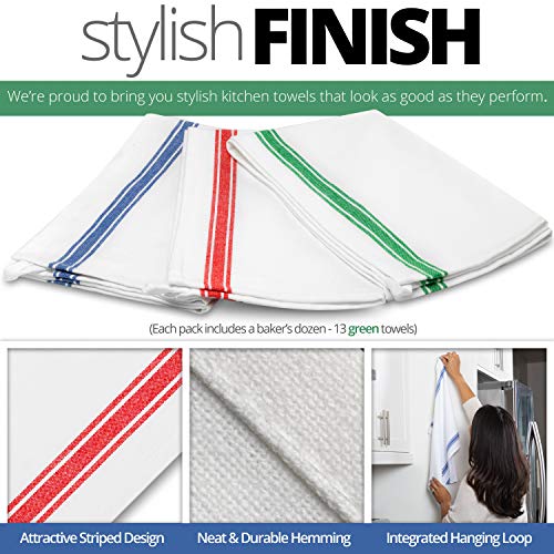 Aunti Em's Kitchen Dish Towels Set (13 Pack) Natural Cotton Fabric For Embroidery - Zero-Lint Cloth For Drying Glasses, Plates, Hand - 25.5 X 15.5 Inch (13-Pack Green Stripes) #TOP4