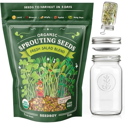 Seedboy Organic Seeds for Sprouting - Non-GMO, USA Grown Microgreens Sprouting Seeds Mix - Makes 8 Quarts of Sprouts, 24 Servings (8 oz) (Salad w/Jar)