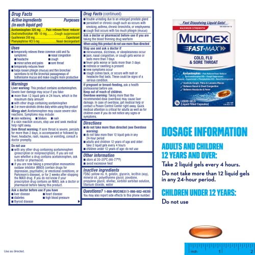 Maximum Strength Mucinex Fast-Max Cold, Flu, & Sore Throat Liquid Gels, 16Ct, Controls Cough, Thins & Loosens Mucus, Relieves Nasal & Chest Congestion, Headache & Fever #TOP1
