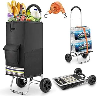 wilbest® Shopping Trolley, 2 in 1 Lightweight Folding Shopping Cart with Waterproof Black Large Capacity Shopping Bag, Hard Wearing Foldable Hand Truck with Adjustable Bungee Cord - 2 Noiseless Wheels