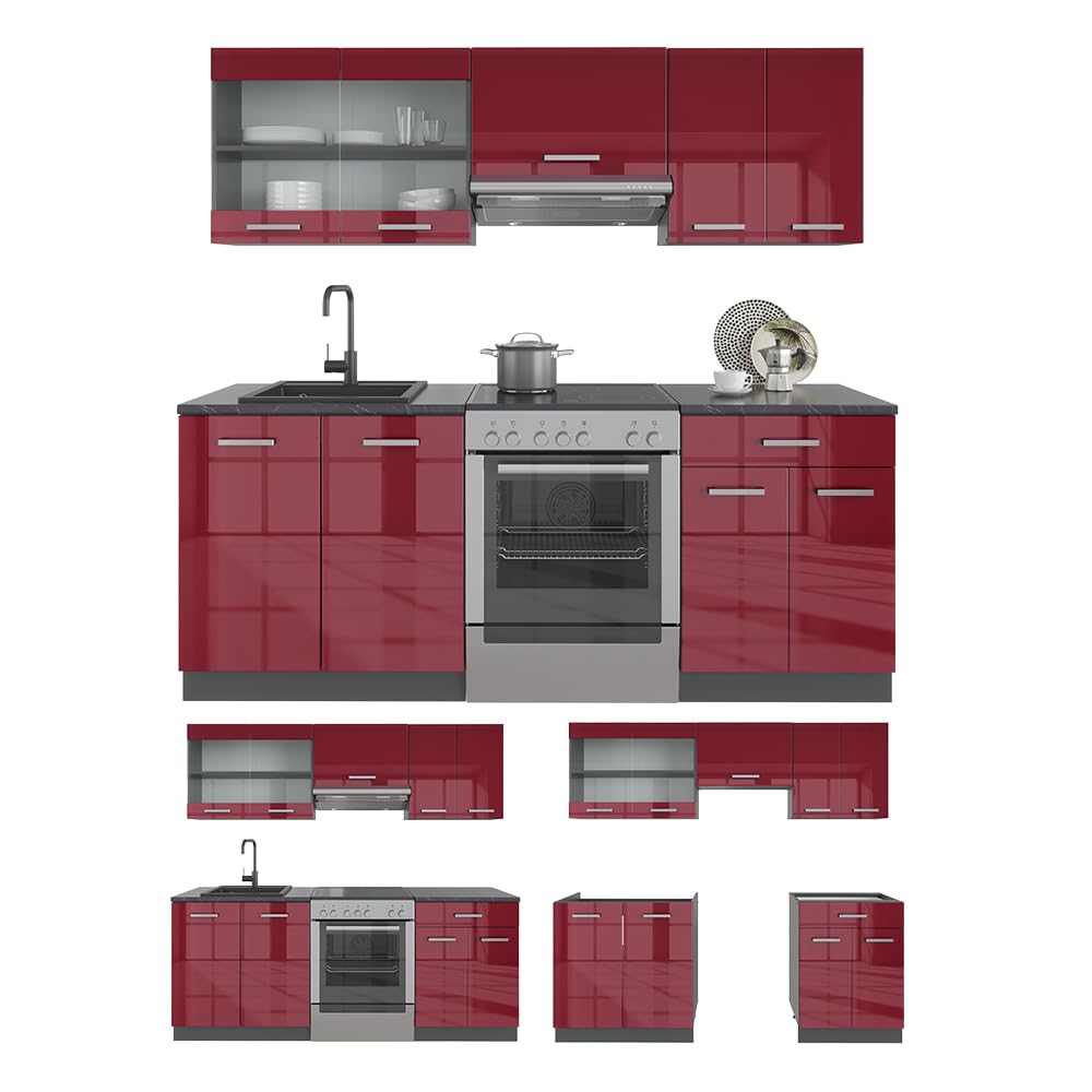 Vicco Cuisine R-Line, Rouge Brillant/Anthracite, 200cm | 5 Modules · Pieds réglables en hauteur · Sans plan de travail · Façades robustes · Avec armoire vitrée