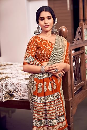 Image of Ikkat Hand Print Soft Mul Cotton Lightweight Saree with Blouse Piece, Multicolour