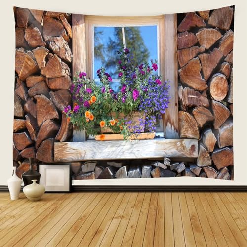 Tapiz colgante de pared con paisaje de madera y flores para dar un toque natural al salón 2