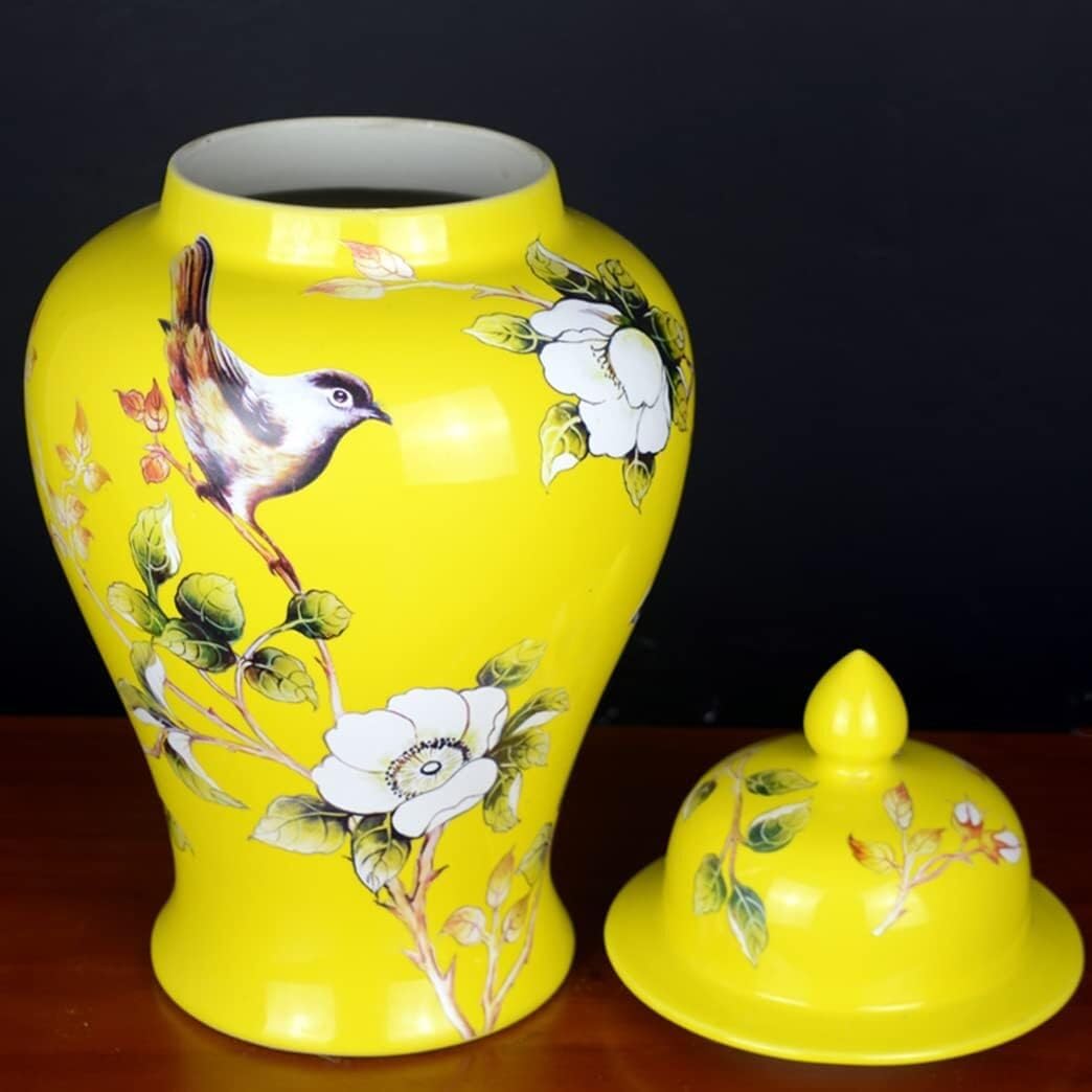 Dekoracyjny słoik na imbir, wazon, żółty ceramiczny słoik na imbir, wazony z pokrywką, kwiaty, ptaki, porcelanowy słoik do przechowywania, wazon, słoiki na imbir z pokrywką (18,5 * 35 cm)