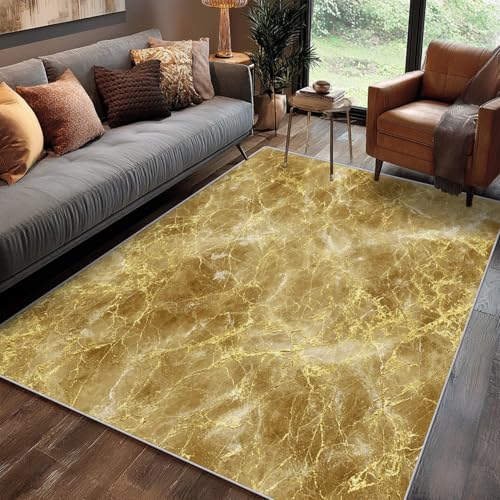 Metallic Gold Rug 4x5 for Bedroom, Modern Aesthetic Patterned Living Room Area Rug, Metallic Gold Room Decor, Washable Soft Thin Carpet with Non Slip Backing, 4 x 5 ft - Lu5759