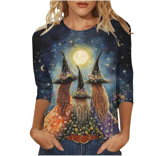 Plus Size Halloween Costumes Woman 2025 Funny Witch Graphic Tops Crewneck Casual Fashion 3/4 Sleeve Tee Shirts Halloween Costumes Work Multicolor 4XL