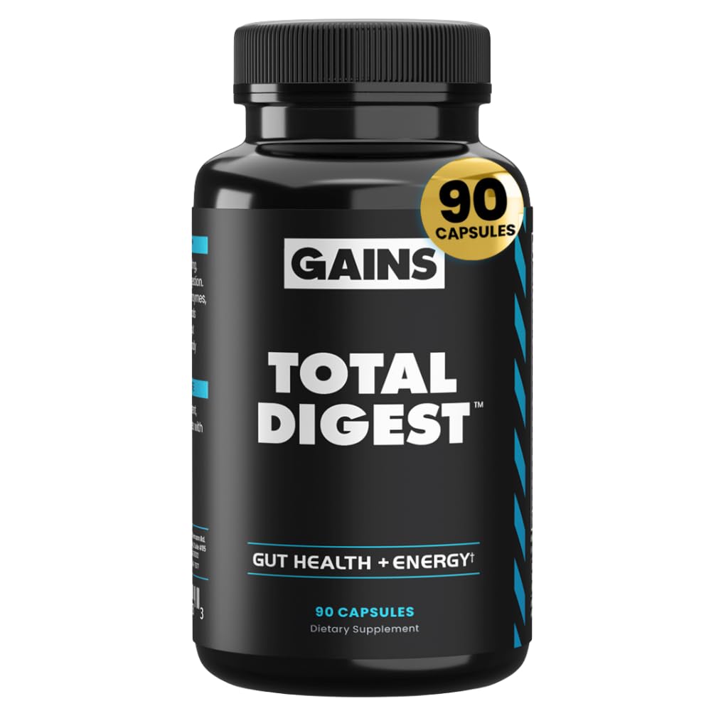 Gains in Bulk Total Digest, Digestive Enzymes, Prebiotics and Probiotics for Digestive Health, Bloating Support, Gut Health for Women and Men, Promotes Protein, Carb and Fat Digestion, 90 Capsules