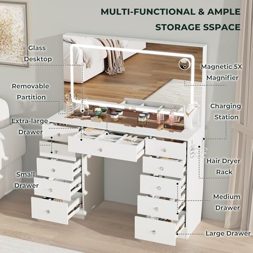 Furnivado White Vanity with Lighted Mirror, 11 Drawers Vanity Mirror with Lights, 46\" Makeup Vanity Desk with 3 Lighting Modes Adjustable Brightness, Vanity with Glass Top for Bedroom - Thumbnail 3
