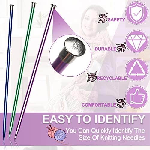 Aeelike Knitting Needles Set Beginners, 35cm Aluminium Coloured Knitting Needles, 10 Pairs Straight Single Pointed Sweater Needles Set 3mm-10mm, Extra Long Knitting Needles for Blanket Large Project