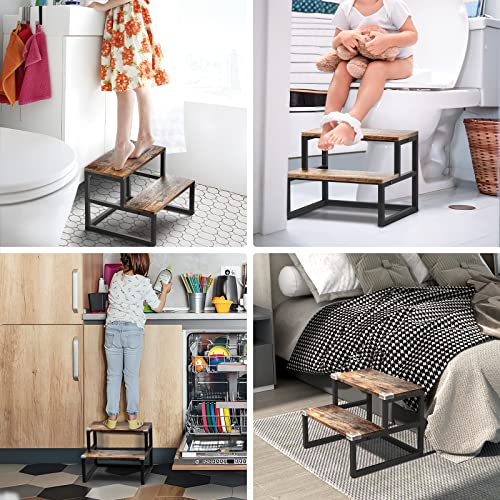 Lasieyo Wooden Step Stools For Adults Kids, 2-Step Stool For Heavy Duty High Bed Steps, Kitchen Step Stool, Wide Wooden Step Stools For Kids - Holds Up To 500Lb With Steel Frame (Dark Brown) #TOP1