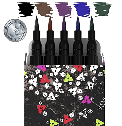 Nikka Notto Liquid Eyeliner Waterproof Set of 5 Intense Satin Colors. Black, Brown, Blue, Green & Purple, Stay All Day, Smudge Free, Quick Dry, Smooth Application, Valentine's Gift for Her
