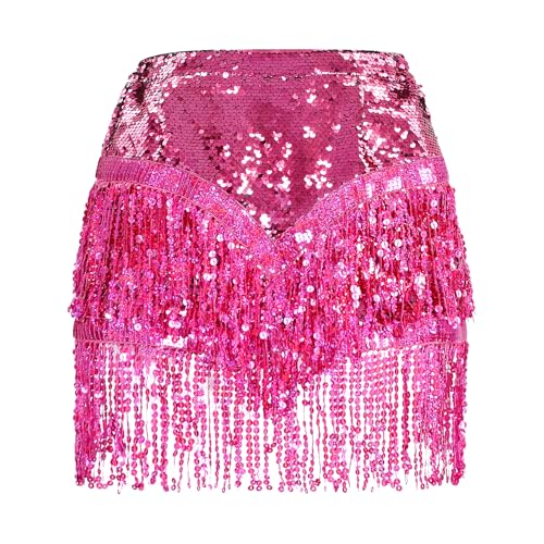 Kids Girls Sequin Tassel Fringe Skirt Sparkle Glitter Mini Skirt for Belly Dance Carnival Rave Party (US Age 5 Years Pink)