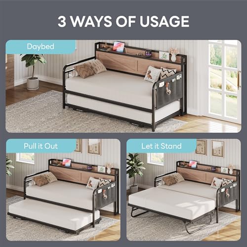 Image of LIKIMIO Twin Daybed, Day Beds with Pop Up Trundle, Storage Headboard with Charging Station, Strong Supports for Apartment and Other Small Space, Wood Color