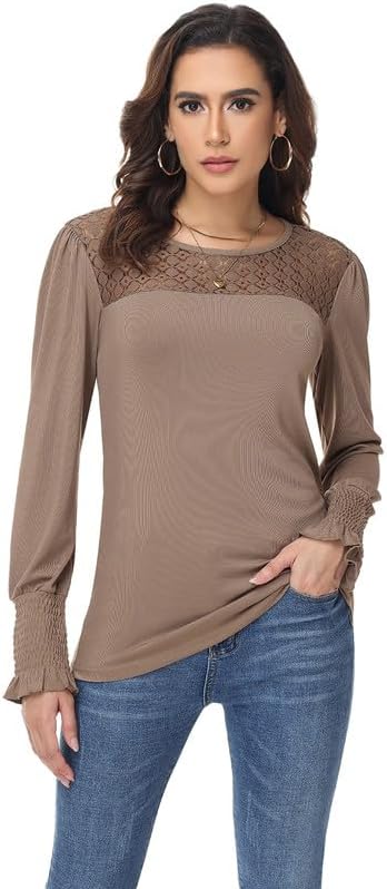 Womens Women Fall Long Sleeve Lace Shirts Dressy Casual Tunic Tops Basics Tee 2025 Trendy Clothes