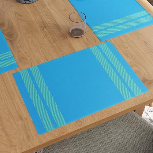 Image of Encasa XO Dining Table Mats Set of 6, Ribbed Cotton Table Mat 46x32 cm | Handmade Heat Resistance Table Placemats, Non Slip, Washable & Durable Place Mat for Centre Table, Living Room Ladder Turq Blue