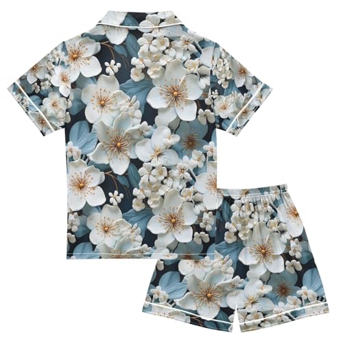 senya Flower White Satin Summer Pajama Sets Silk Short Sleeve Button Down Sleepwear2