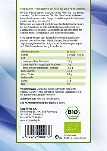 KOPP Vital® Bio Chia-Samen 1 kg - Bio-Qualität - ohne Gentechnik – Zusatzstofffrei - Premium Chia-Samen
