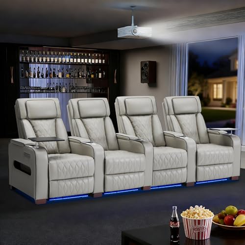 Image of GUEAPY Power Reclining Sofa Home Theater Seating with Adjustable Headrest, Breathable Leather Electric Recliner with LED Lighting, Cup Holders, USB Charging & Tray Table, Row of 4
