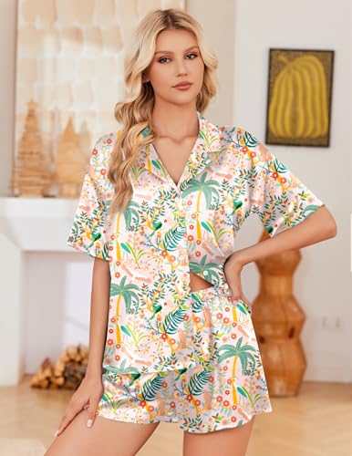 Image of Ekouaer Womens Satin Pajama Set Short Sleeve Button Down Sleepwear 2 Piece Silky Pj Set Soft Loungewear for Ladies