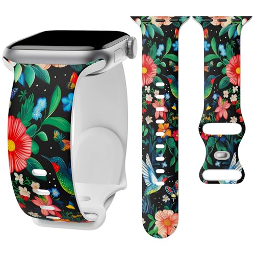 Image of Floral Band Compatible with Apple Watch Bands for Women 40mm 42mm 41mm 38mm 44mm 45mm 46mm 49mm, Cute Pattern Flower Soft Silicone Sport Strap for iWatch Series Ultra 11 10 SE 9 8 7 6 5 4 3 2