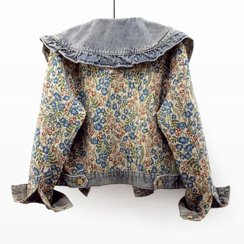 Women's Peter Pan Collar Denim Jacket - Ruffles Long Sleeve Coat with Floral Embroidery, Casual Button Down Outerwear2