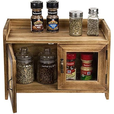 MyGift Countertop Storage Cabinet with Glass Window Doors and Vintage Brass-Tone Handles Cover