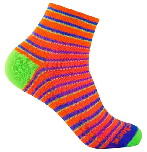 Wrightsock - 1 Paar Herren/Damen Profi Sportsocke, Laufsocke, Modell Coolmesh II in orange blau grün gestreift - Anti-Blasen-System, doppellagig, Quarter (knöchelhoch), Gr. L