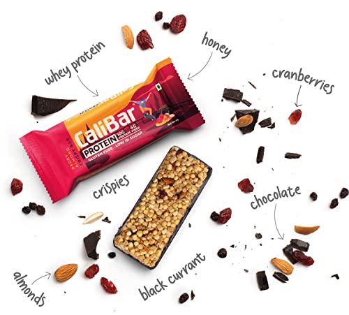 Image of CaliBar 10g Protein Bar - Berry Almond Crispy Bar (Pack of 6) Real Bits of Cranberry & Blackcurrant, Low In Sugar, Sweetened With Honey, Gluten-Free, 4g Fiber, No Preservatives , No Palm oil (40g x 6 Bars)