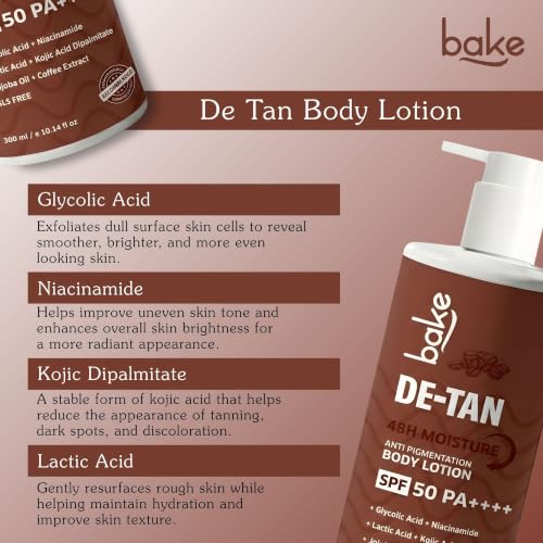 Image of BAKE De-Tan Coffee Body Lotion (300ml) 48 Hour Moisturization with Kojic Acid, Lactic Acid, Niacinamide & SPF 50 PA++++ for Pigmentation & Tan Removal | For Dark Spots & Sun Protection | Tanned & Pigmented Skin | For Women & Men