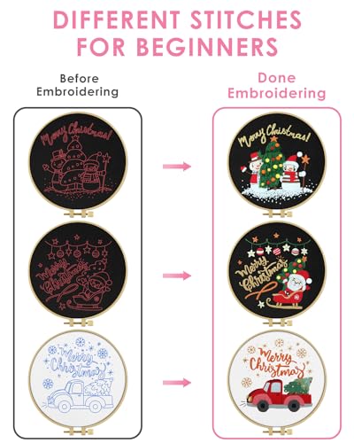 Image of TINDTOP Christmas Embroidery Kit for Adult Beginners, 3 Sets Embroidery Stitch Practice kit Include Embroidery Cloth Hoops Threads for Craft Lover Hand Stitch | 3 Sets for Beginners, Include Embroidery Cloth Hoops Threads for Craft Lover Hand Stitch