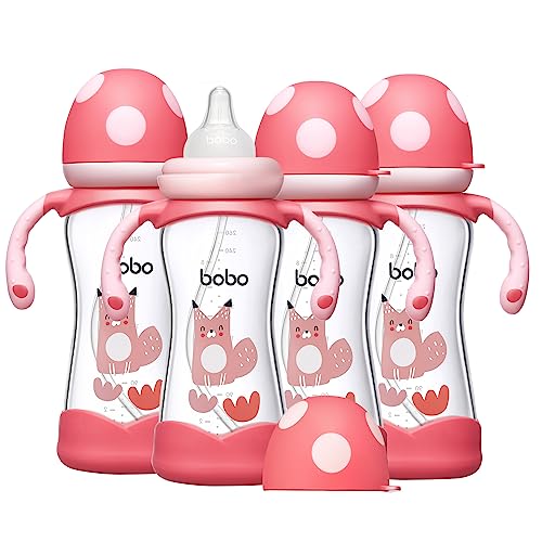 Image of YOHKOH Natural Glass Baby Bottle with Natural Response Nipple, Wide Neck Baby Bottles with Handle, Newborn Anti-Colic Baby Bottles Gift Set, Clear (8.8oz (Pack of 4), Red)