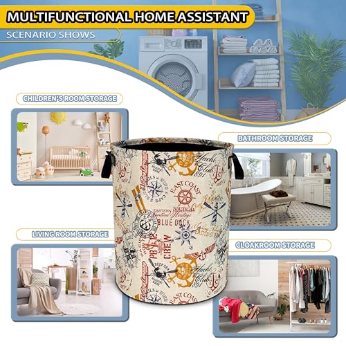 Image of Anchor Compass Laundry Basket Foldable Waterproof Hamper 18.9 x 16.5 Inch | Oxford Cloth With Reinforced Handles Lining Design Large-Capacity Storage For Bathrooms /Laundry Rooms / Living Rooms /Bedrooms