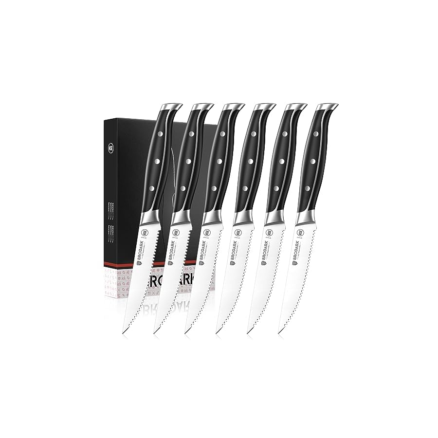 BRODARK Steak Knives Set of 6, Serrated Steak Knives with Full Tang Handle, High Carbon Stainless Steel Steak Knife Set, NSF Certified, Steel-King Series