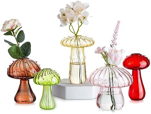Glasseam Mushroom Flower Vase, Cute Colored Glass Vase Set of 5, Unique Bud Small Vase for Flowers, Aesthetic Decorative Vases for Home Decor, Hydroponic Plant Vase Indoor for Dining Room Centerpieces
