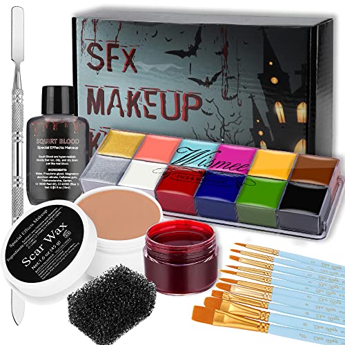 Wismee SFX Makeup Kit Professional Face Body Paint Halloween Special Effects Makeup Set with Scar Wax,10 Face Paint Brushes,Spatula Tool,2 Fake Scab Blood,Stipple Sponge Oil Based Face Painting Kit by Wismee - Used condition - US$15.51