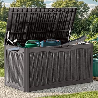 YITAHOME 380L Caja de Almacenaje de Jardín, Resina Grande Arcón de Ordenación Exterior para Exteriores Muebles de Patio, Cojines para Material