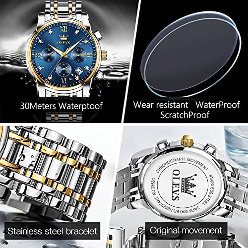 Olevs Men Watches Big Face Watch For Men Gold And Silver Luxury Blue Watches Mens Analog Quartz Fashion Stainless Steel Watches Roman Numerals Watches Day Date Dress Men Wristwatches #TOP4